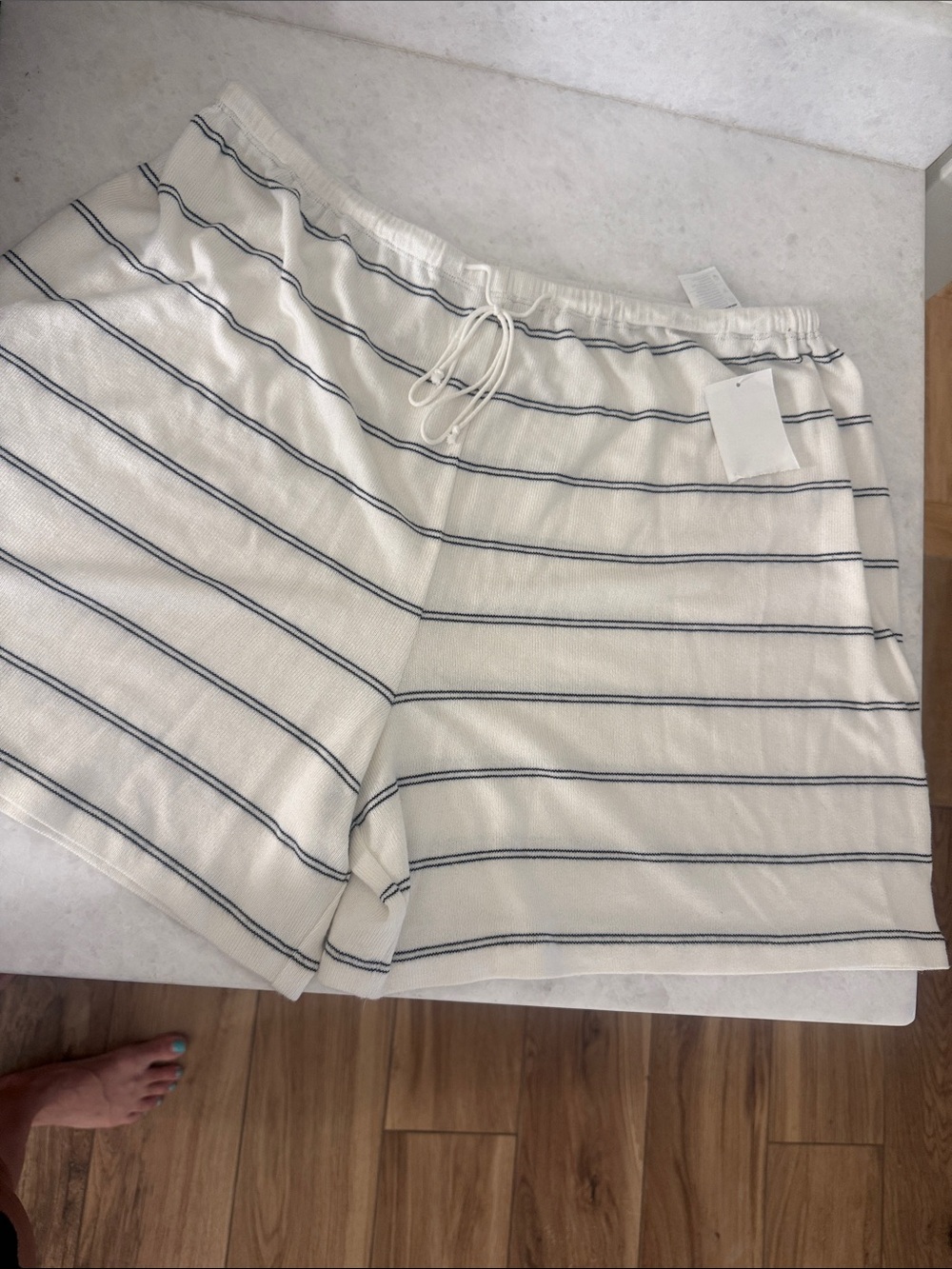 Vince Cream and Navy Striped Drawstring Athletic Shorts